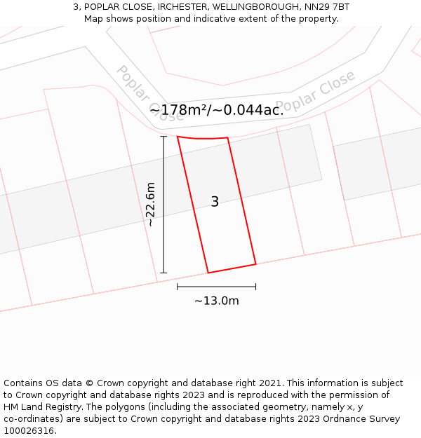 3, POPLAR CLOSE, IRCHESTER, WELLINGBOROUGH, NN29 7BT: Plot and title map