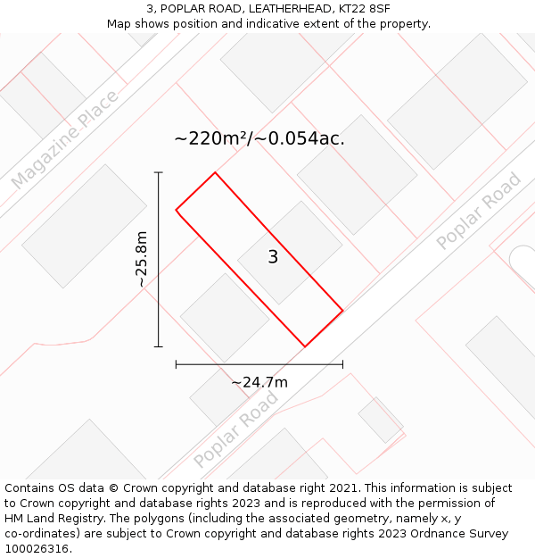 3, POPLAR ROAD, LEATHERHEAD, KT22 8SF: Plot and title map