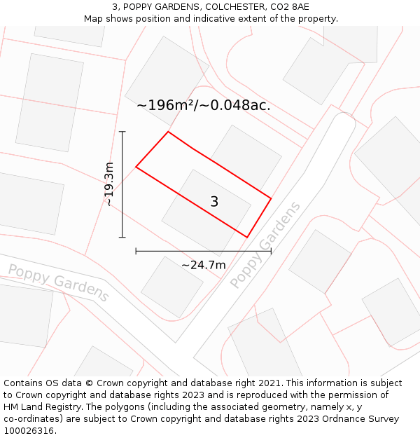 3, POPPY GARDENS, COLCHESTER, CO2 8AE: Plot and title map