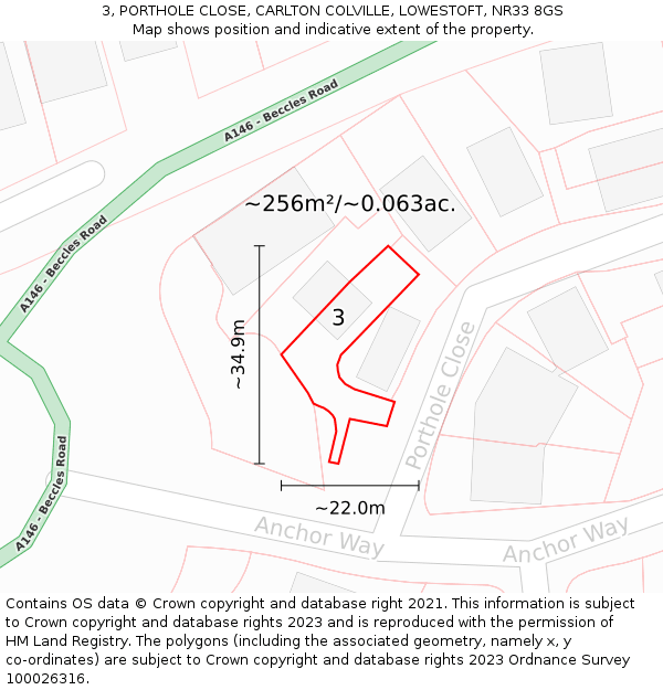 3, PORTHOLE CLOSE, CARLTON COLVILLE, LOWESTOFT, NR33 8GS: Plot and title map