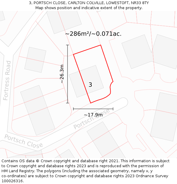 3, PORTSCH CLOSE, CARLTON COLVILLE, LOWESTOFT, NR33 8TY: Plot and title map