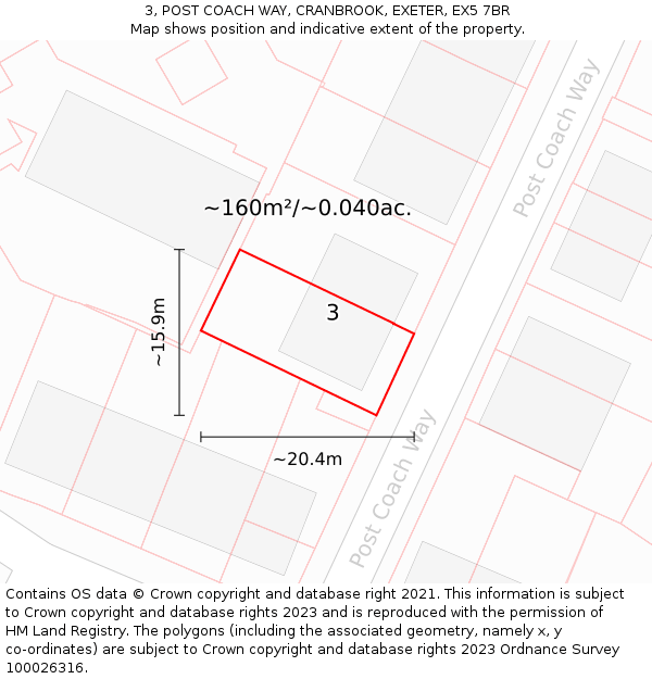 3, POST COACH WAY, CRANBROOK, EXETER, EX5 7BR: Plot and title map
