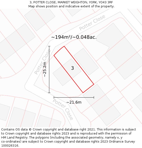 3, POTTER CLOSE, MARKET WEIGHTON, YORK, YO43 3RF: Plot and title map