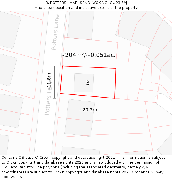 3, POTTERS LANE, SEND, WOKING, GU23 7AJ: Plot and title map