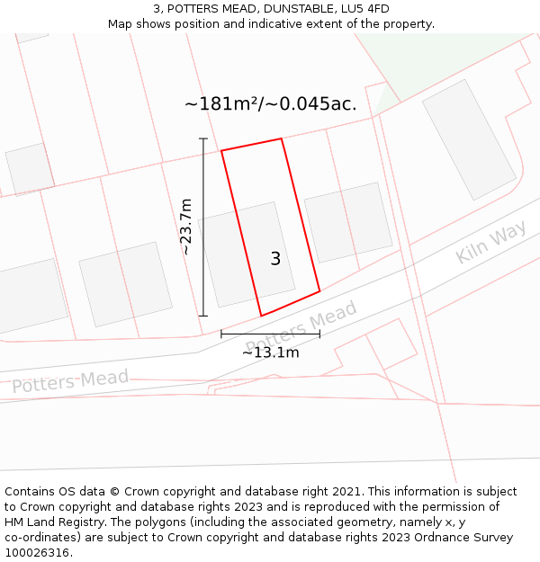 3, POTTERS MEAD, DUNSTABLE, LU5 4FD: Plot and title map