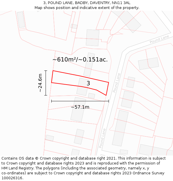 3, POUND LANE, BADBY, DAVENTRY, NN11 3AL: Plot and title map