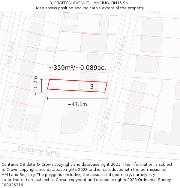 3, PRATTON AVENUE, LANCING, BN15 9NU: Plot and title map