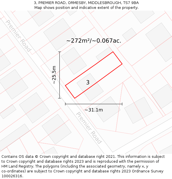 3, PREMIER ROAD, ORMESBY, MIDDLESBROUGH, TS7 9BA: Plot and title map