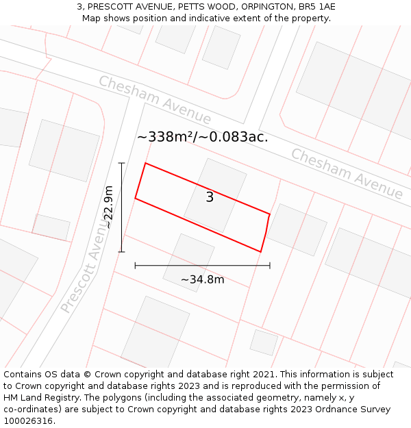 3, PRESCOTT AVENUE, PETTS WOOD, ORPINGTON, BR5 1AE: Plot and title map