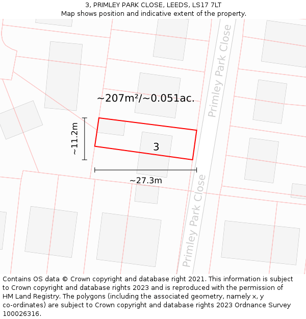 3, PRIMLEY PARK CLOSE, LEEDS, LS17 7LT: Plot and title map