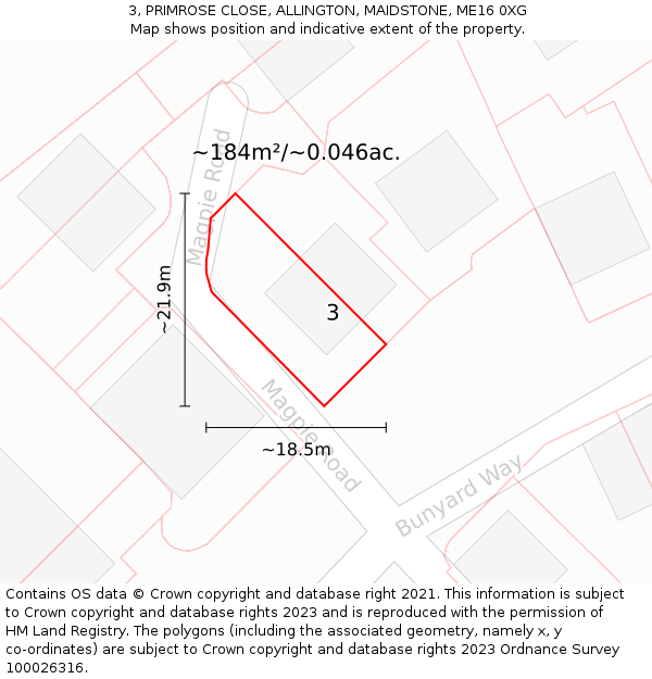3, PRIMROSE CLOSE, ALLINGTON, MAIDSTONE, ME16 0XG: Plot and title map