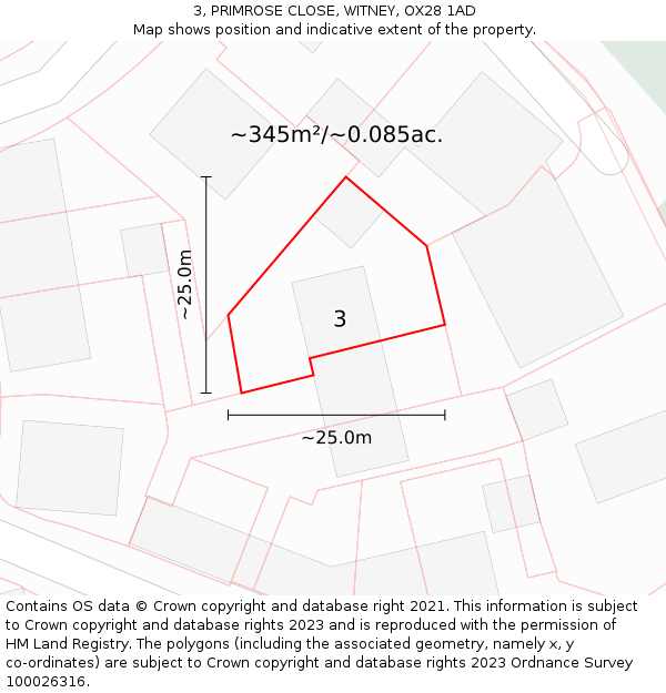 3, PRIMROSE CLOSE, WITNEY, OX28 1AD: Plot and title map