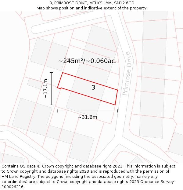 3, PRIMROSE DRIVE, MELKSHAM, SN12 6GD: Plot and title map