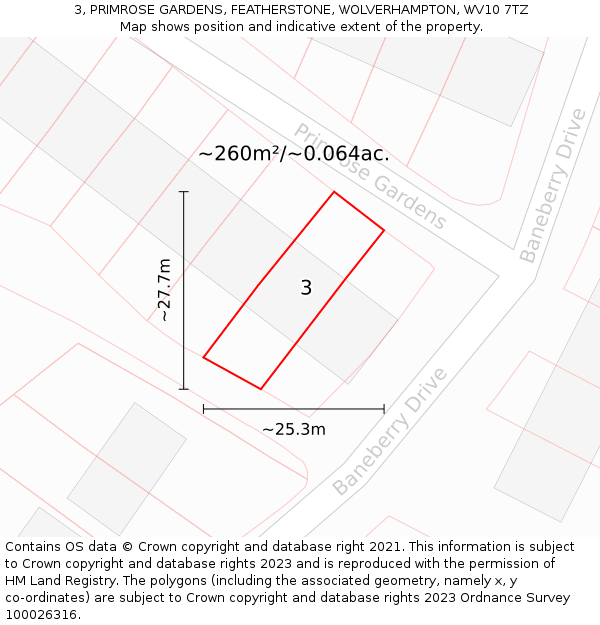 3, PRIMROSE GARDENS, FEATHERSTONE, WOLVERHAMPTON, WV10 7TZ: Plot and title map