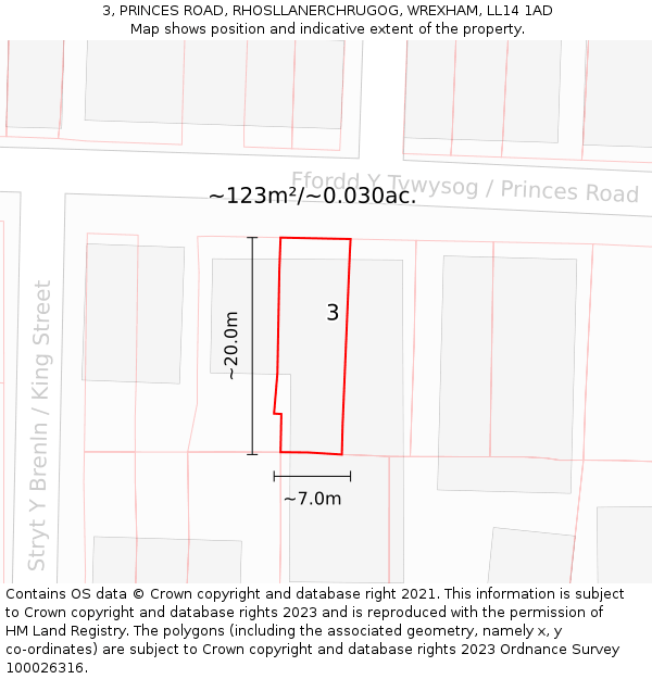 3, PRINCES ROAD, RHOSLLANERCHRUGOG, WREXHAM, LL14 1AD: Plot and title map