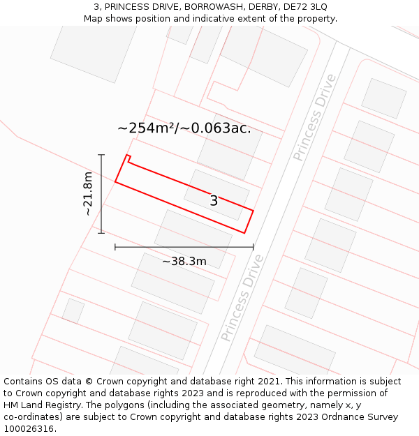 3, PRINCESS DRIVE, BORROWASH, DERBY, DE72 3LQ: Plot and title map