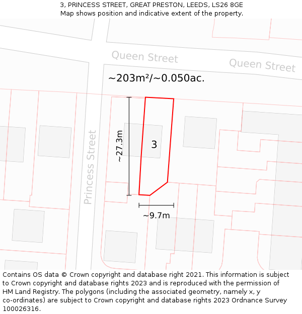 3, PRINCESS STREET, GREAT PRESTON, LEEDS, LS26 8GE: Plot and title map