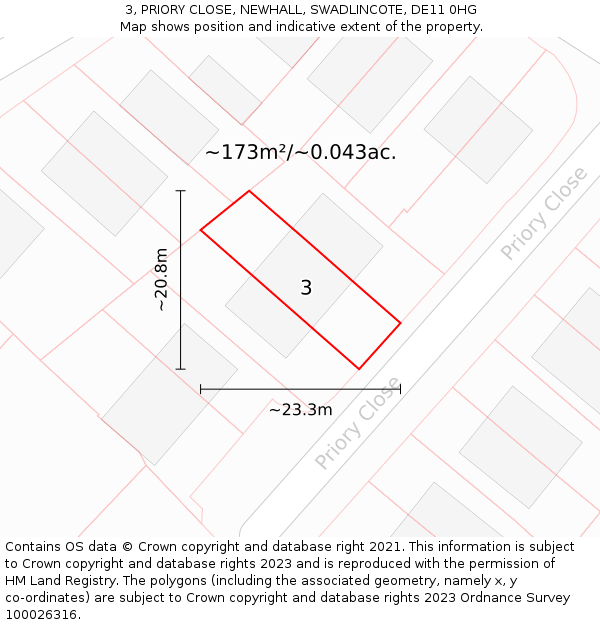 3, PRIORY CLOSE, NEWHALL, SWADLINCOTE, DE11 0HG: Plot and title map
