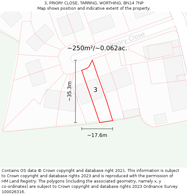 3, PRIORY CLOSE, TARRING, WORTHING, BN14 7NP: Plot and title map