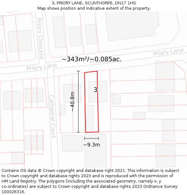 3, PRIORY LANE, SCUNTHORPE, DN17 1HS: Plot and title map