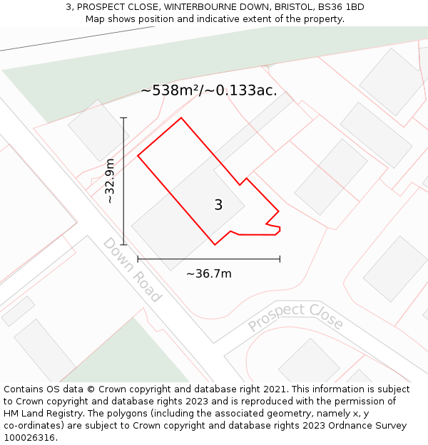 3, PROSPECT CLOSE, WINTERBOURNE DOWN, BRISTOL, BS36 1BD: Plot and title map