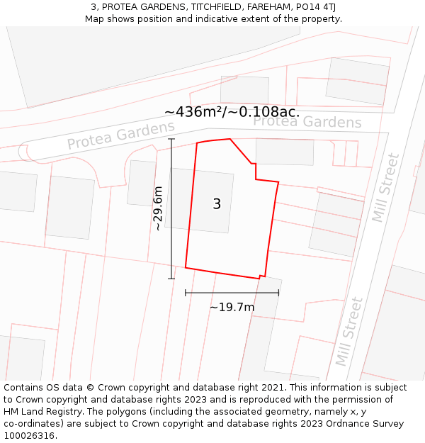 3, PROTEA GARDENS, TITCHFIELD, FAREHAM, PO14 4TJ: Plot and title map