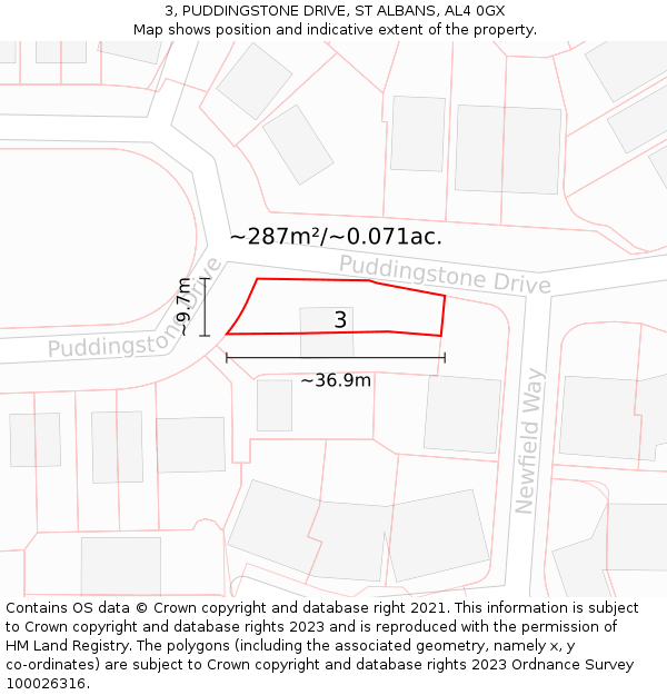 3, PUDDINGSTONE DRIVE, ST ALBANS, AL4 0GX: Plot and title map