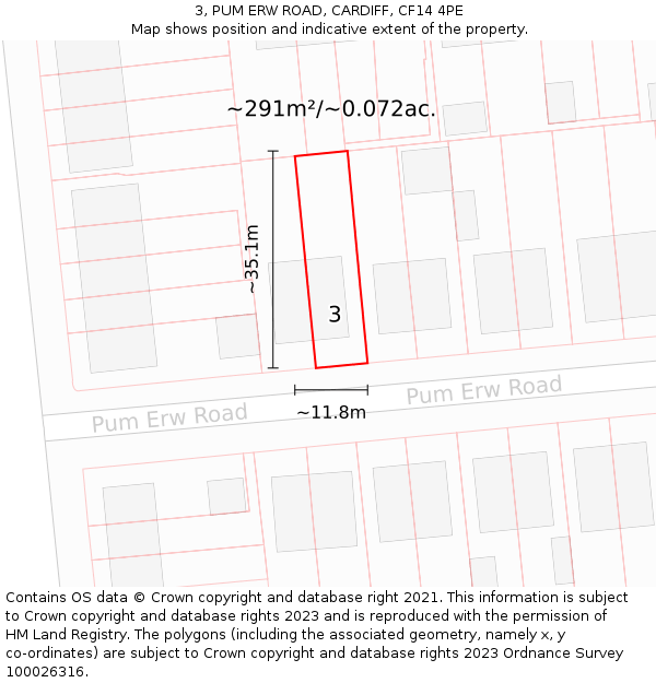 3, PUM ERW ROAD, CARDIFF, CF14 4PE: Plot and title map
