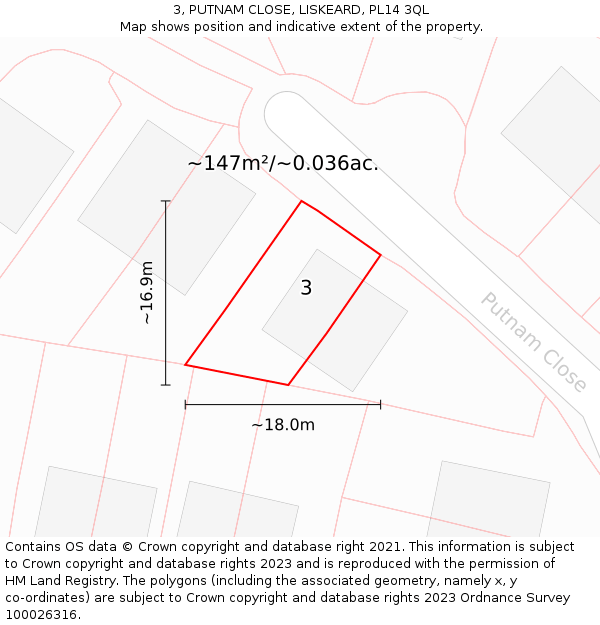 3, PUTNAM CLOSE, LISKEARD, PL14 3QL: Plot and title map