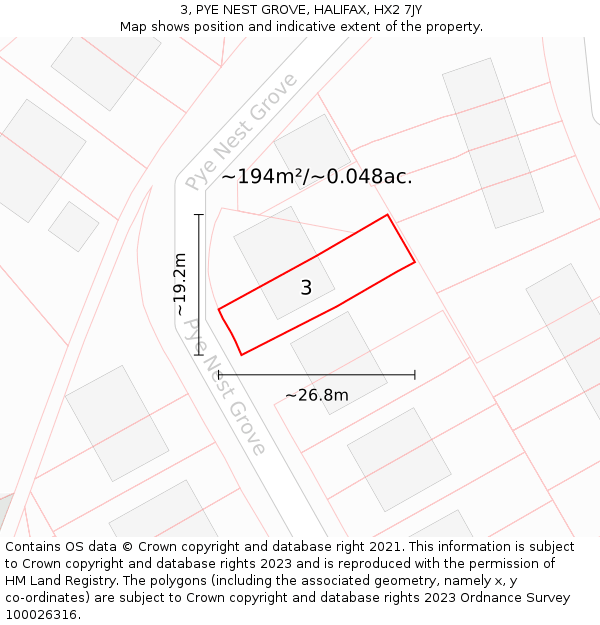 3, PYE NEST GROVE, HALIFAX, HX2 7JY: Plot and title map