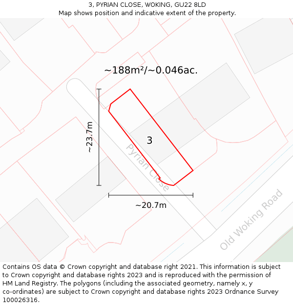 3, PYRIAN CLOSE, WOKING, GU22 8LD: Plot and title map