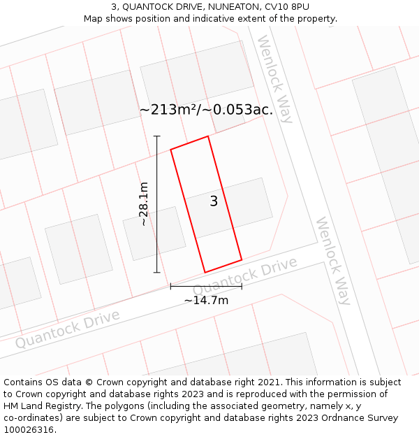 3, QUANTOCK DRIVE, NUNEATON, CV10 8PU: Plot and title map
