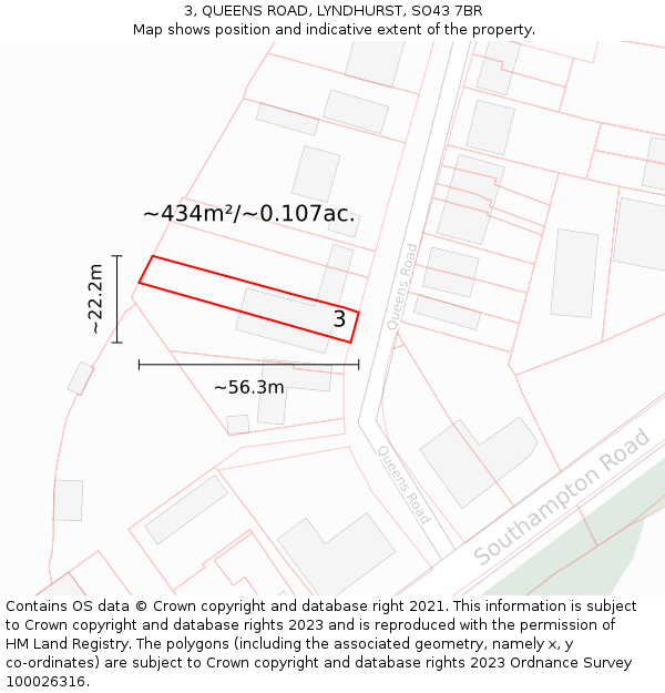 3, QUEENS ROAD, LYNDHURST, SO43 7BR: Plot and title map