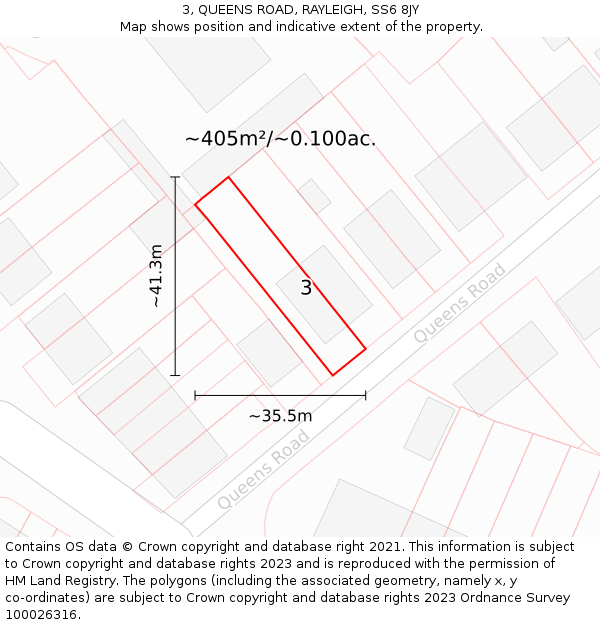3, QUEENS ROAD, RAYLEIGH, SS6 8JY: Plot and title map