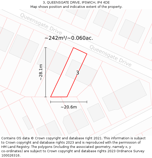 3, QUEENSGATE DRIVE, IPSWICH, IP4 4DE: Plot and title map