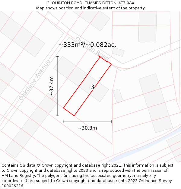 3, QUINTON ROAD, THAMES DITTON, KT7 0AX: Plot and title map