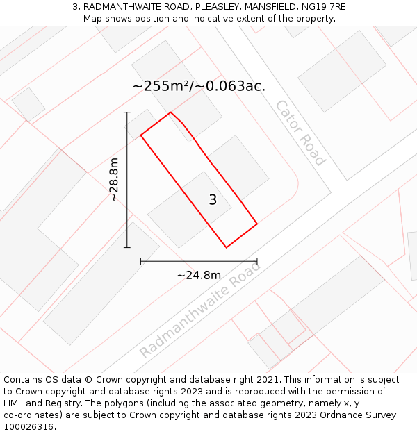 3, RADMANTHWAITE ROAD, PLEASLEY, MANSFIELD, NG19 7RE: Plot and title map