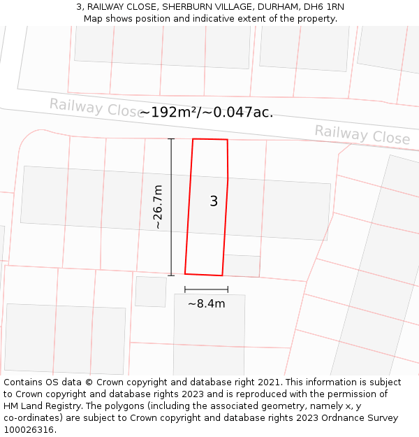 3, RAILWAY CLOSE, SHERBURN VILLAGE, DURHAM, DH6 1RN: Plot and title map