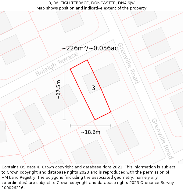 3, RALEIGH TERRACE, DONCASTER, DN4 9JW: Plot and title map