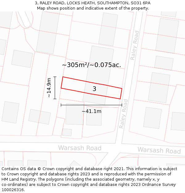 3, RALEY ROAD, LOCKS HEATH, SOUTHAMPTON, SO31 6PA: Plot and title map