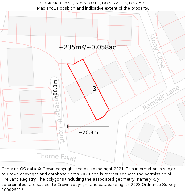 3, RAMSKIR LANE, STAINFORTH, DONCASTER, DN7 5BE: Plot and title map