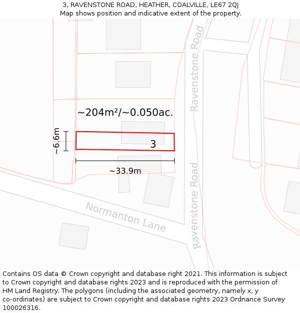 3, RAVENSTONE ROAD, HEATHER, COALVILLE, LE67 2QJ: Plot and title map