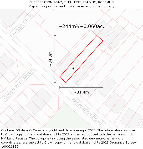 3, RECREATION ROAD, TILEHURST, READING, RG30 4UB: Plot and title map