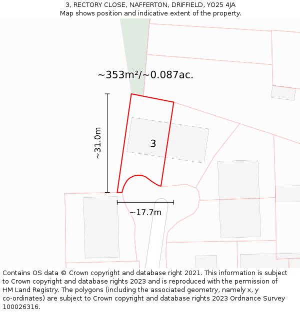 3, RECTORY CLOSE, NAFFERTON, DRIFFIELD, YO25 4JA: Plot and title map