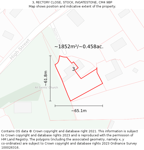 3, RECTORY CLOSE, STOCK, INGATESTONE, CM4 9BP: Plot and title map