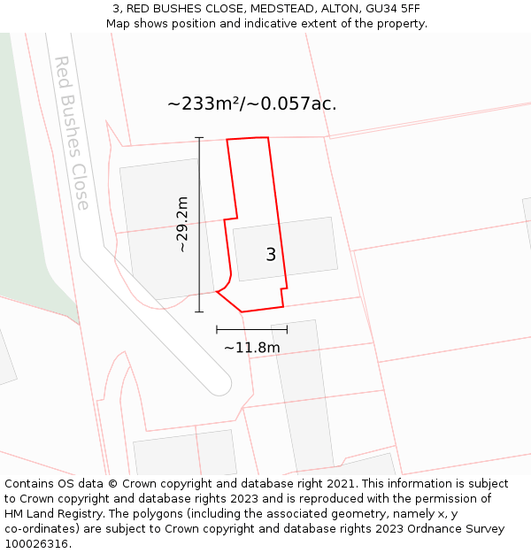 3, RED BUSHES CLOSE, MEDSTEAD, ALTON, GU34 5FF: Plot and title map
