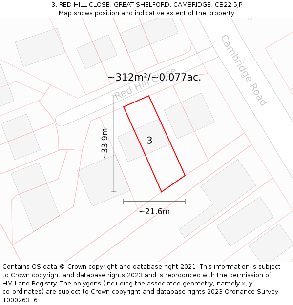 3, RED HILL CLOSE, GREAT SHELFORD, CAMBRIDGE, CB22 5JP: Plot and title map