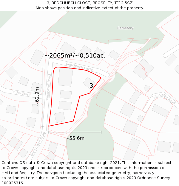 3, REDCHURCH CLOSE, BROSELEY, TF12 5SZ: Plot and title map