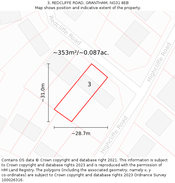 3, REDCLIFFE ROAD, GRANTHAM, NG31 8EB: Plot and title map