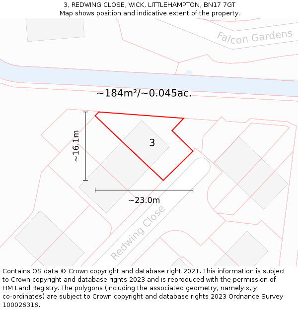 3, REDWING CLOSE, WICK, LITTLEHAMPTON, BN17 7GT: Plot and title map